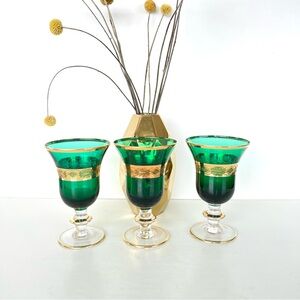Vintage Goblet 3pc Set Emerald Green 24k Gold Plated Italian Style Wine Glass